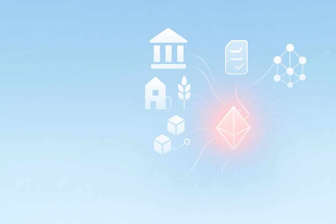 Abstract visualization of Real-World Assets (RWAs) converging with Decentralized Finance (DeFi), symbolizing new financial primitives and future outlook.