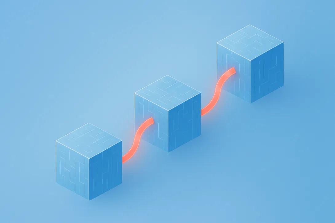 Abstract representation of interconnected blockchain blocks forming a secure chain, symbolizing trust and security in digital transactions.