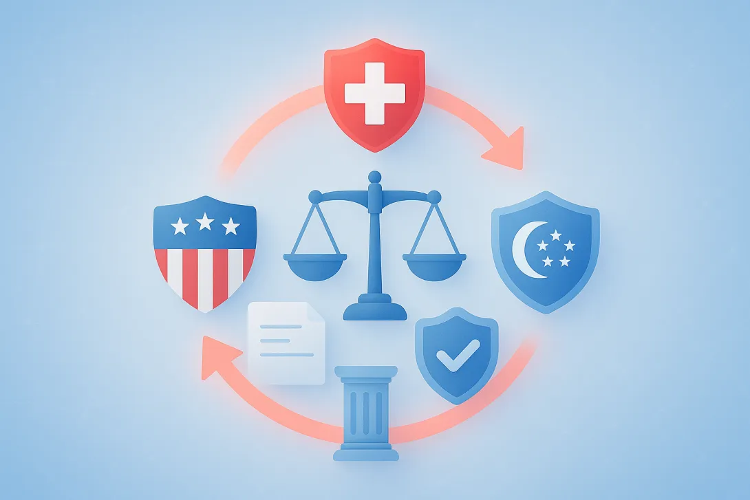Comparative visualization of RWA regulatory frameworks across USA, Switzerland, and Singapore